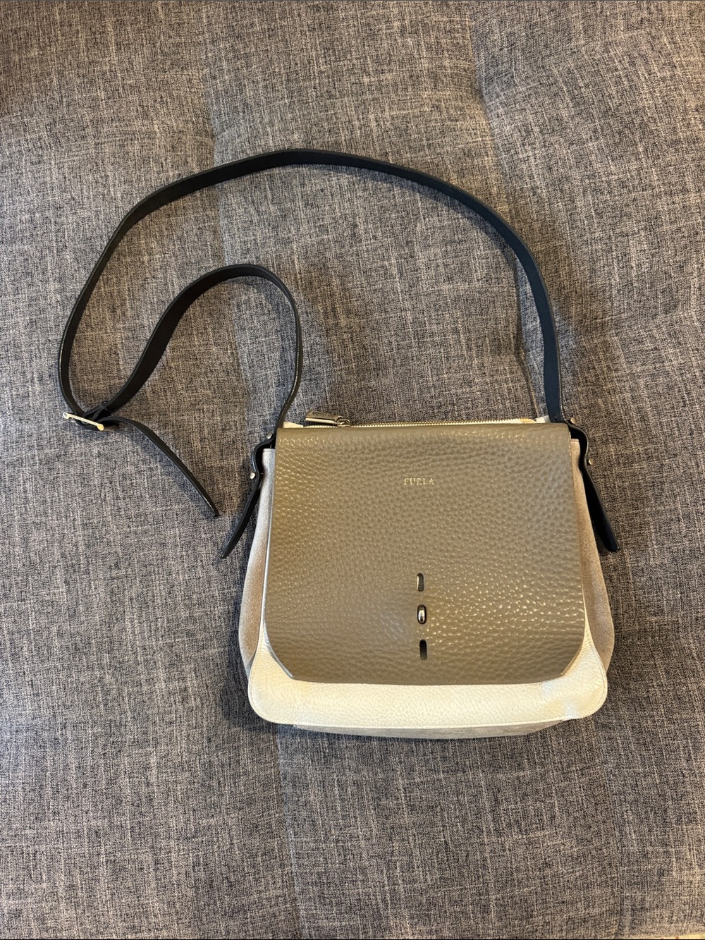 Furla Two-Tone Pebbled Leather Crossbody in Olive Green and Cream